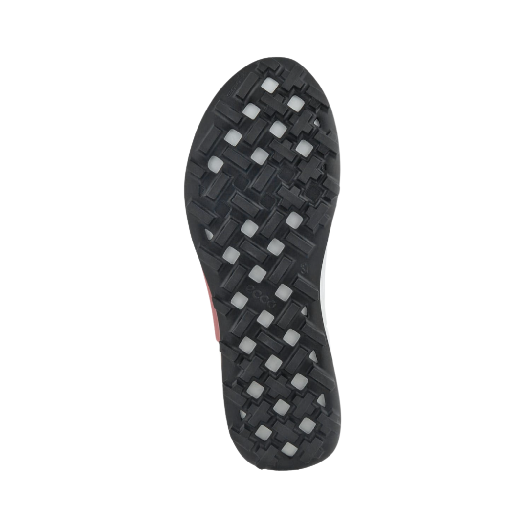 Bottom View of Women’s ECCO BIOM 2.1 X Country Low Trail Shoe in Air/Shadow White – featuring durable rubber outsole with multidirectional lugs for trail traction, flexible forefoot grooves for natural movement, and grippy tread pattern for stability on uneven terrain.