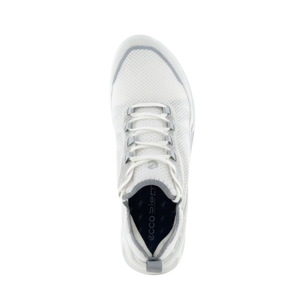 Top View of Women’s ECCO BIOM 2.1 X Country Low Trail Shoe in Shadow White – featuring open mesh upper for ventilation, padded tongue and collar for comfort, and quick-lace system for a secure fit.