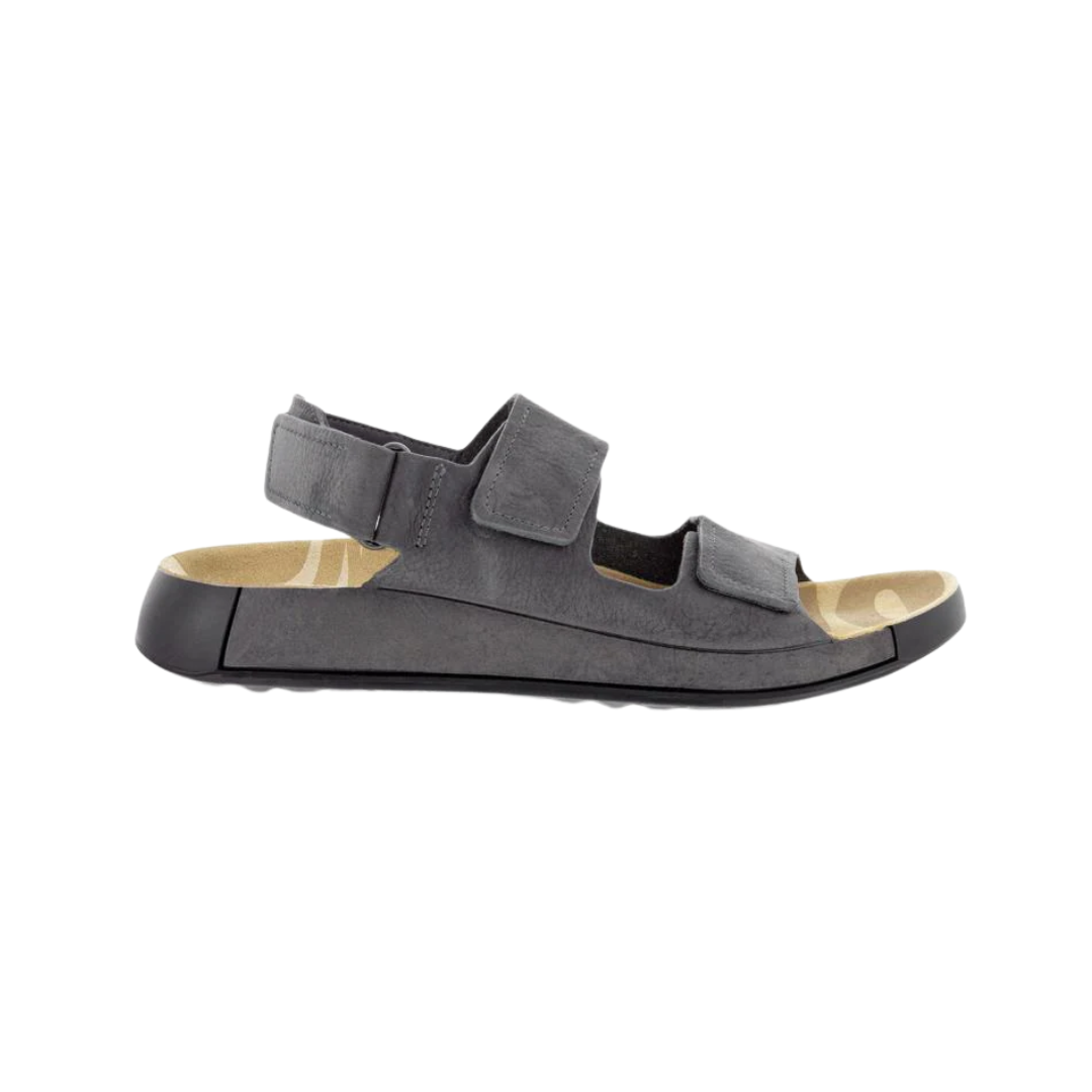 Side view of Men’s Ecco Cozmo 2 leather sandal in titanium – featuring premium leather upper with adjustable straps for customizable fit, cushioned footbed for all-day comfort, and durable sole designed for reliable wear.