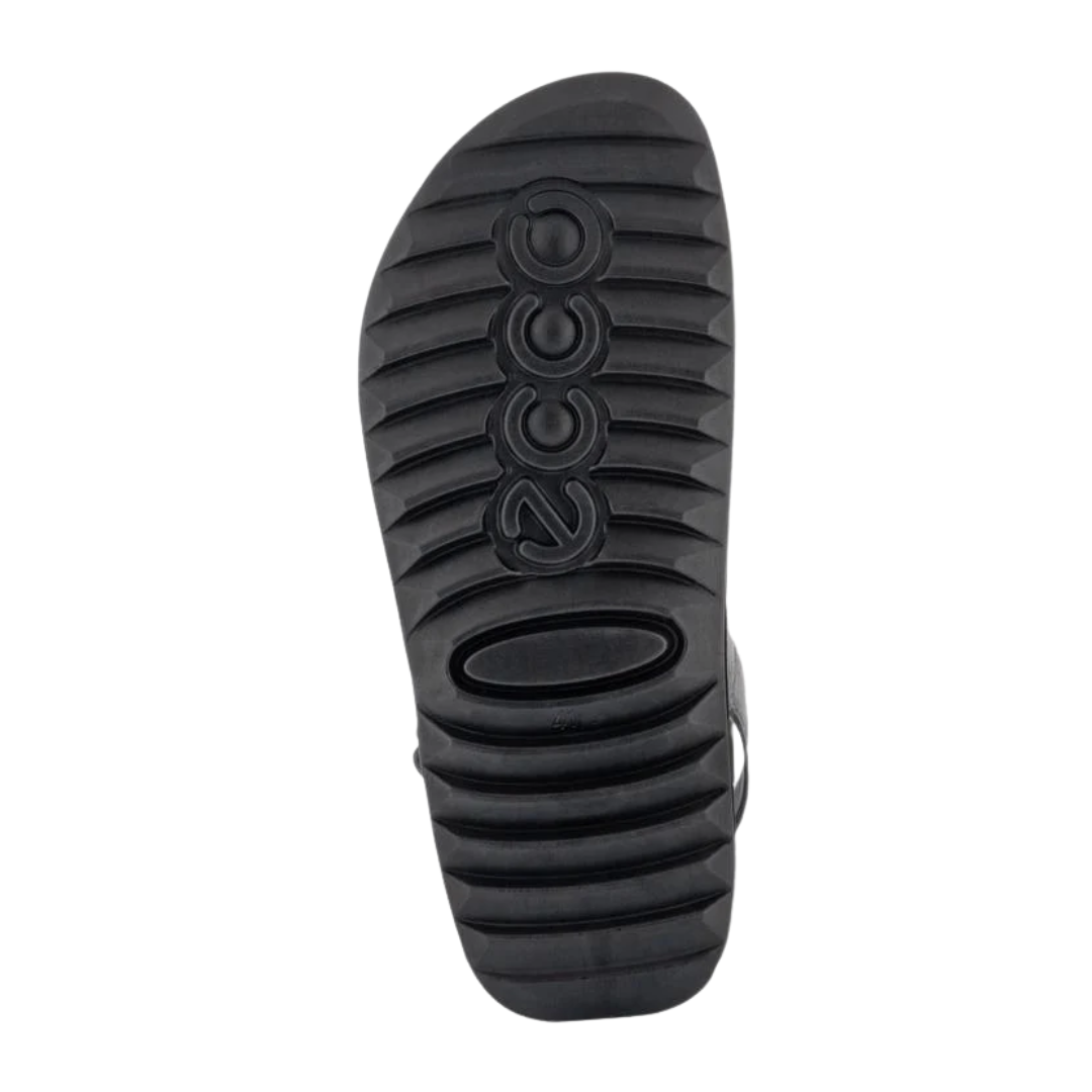 Bottom view of Men’s Ecco Cozmo 2 leather sandal in titanium – featuring textured rubber outsole for slip resistance, flexible sole for natural foot movement, and abrasion-resistant construction for long-lasting durability.