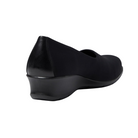 Angled view of Women’s Ecco Felicia Stretch slip-on in black – featuring ergonomic footbed with anatomical arch support to reduce foot fatigue, lightweight midsole with shock absorption, and sleek silhouette ideal for casual and active wear.