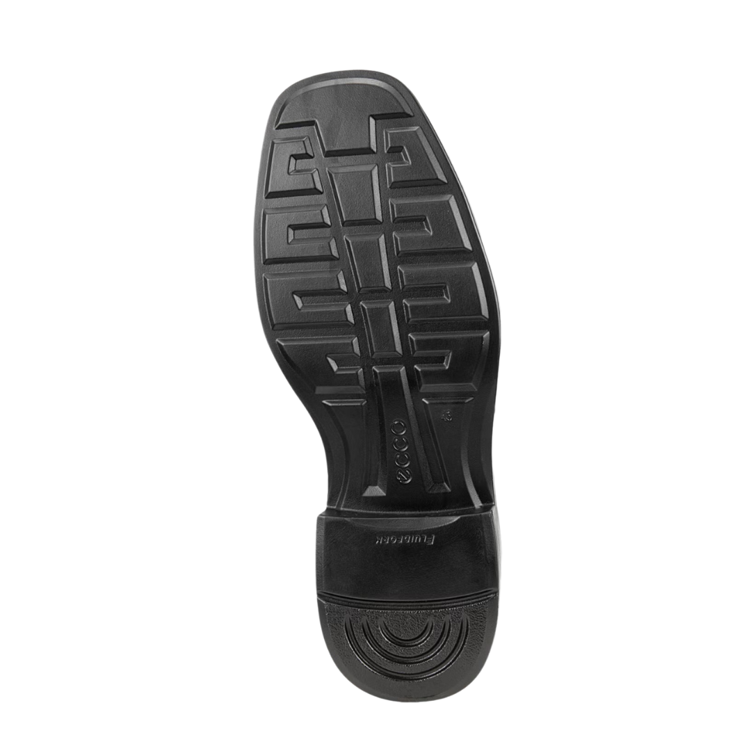 Bottom view of Men’s Ecco Helsinki 2 Bike Toe Derby shoe in black – featuring rubber outsole with textured grip for traction, flexible sole to support natural foot movement, and abrasion-resistant construction for long-lasting durability.