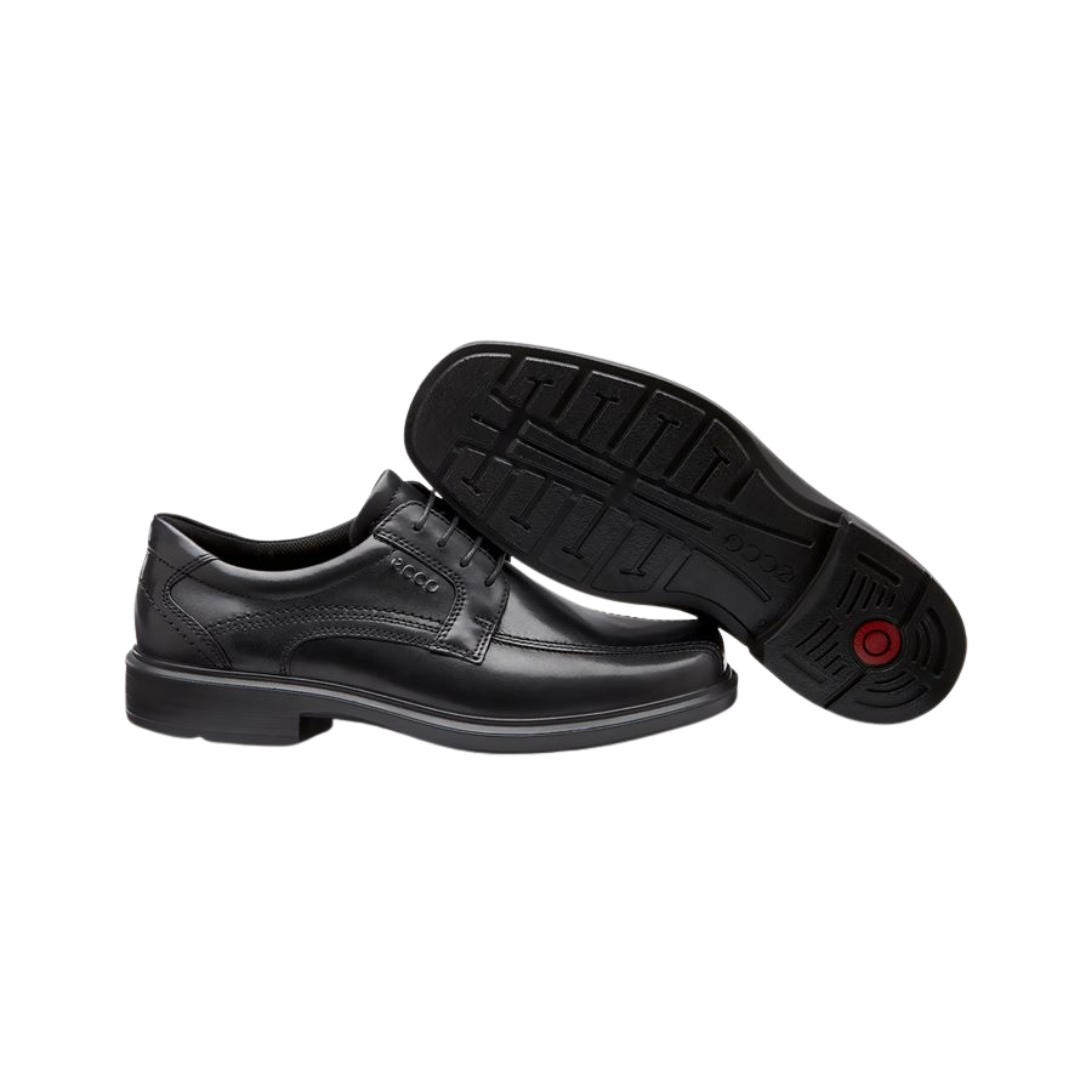 Angled View of Men’s ECCO Helsinki Bike Toe Lace Dress Shoe in Black – featuring elegant silhouette for formal wear, stitched detailing along the toe box, and classic oxford profile for versatility.