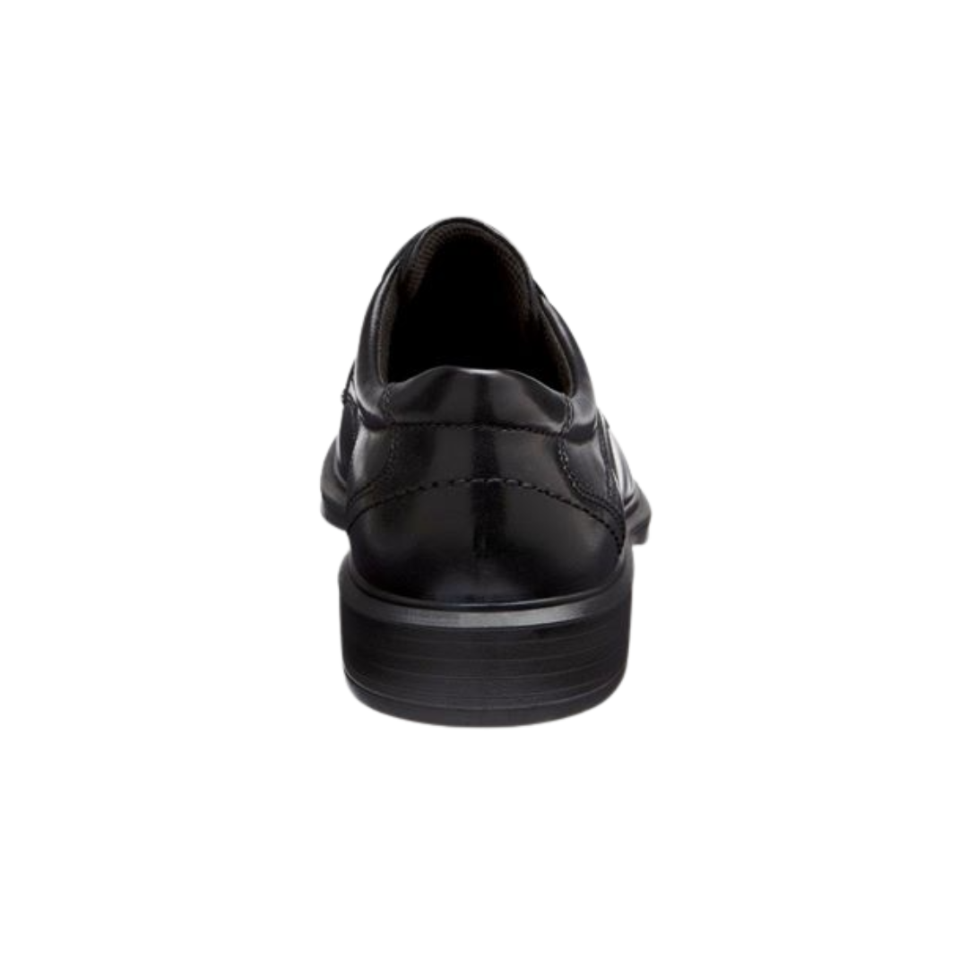 Back View of Men’s ECCO Helsinki Bike Toe Lace Dress Shoe in Black – featuring structured heel counter for stability, subtle stitching for a clean finish, and low stacked heel for support.