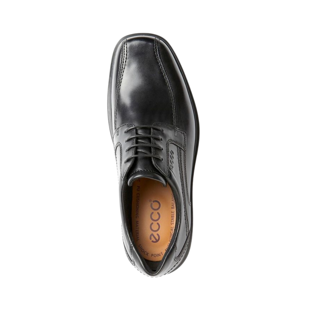 Top View of Men’s ECCO Helsinki Bike Toe Lace Dress Shoe in Black – featuring smooth leather finish, traditional lacing system, and padded collar for added comfort.