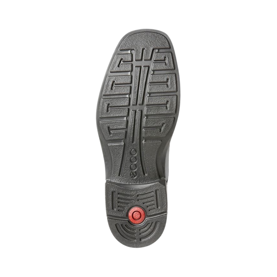 Bottom View of Men’s ECCO Helsinki Bike Toe Lace Dress Shoe in Black – featuring durable PU outsole for traction, light tread pattern for stability, and shock-absorbing heel for all-day comfort.