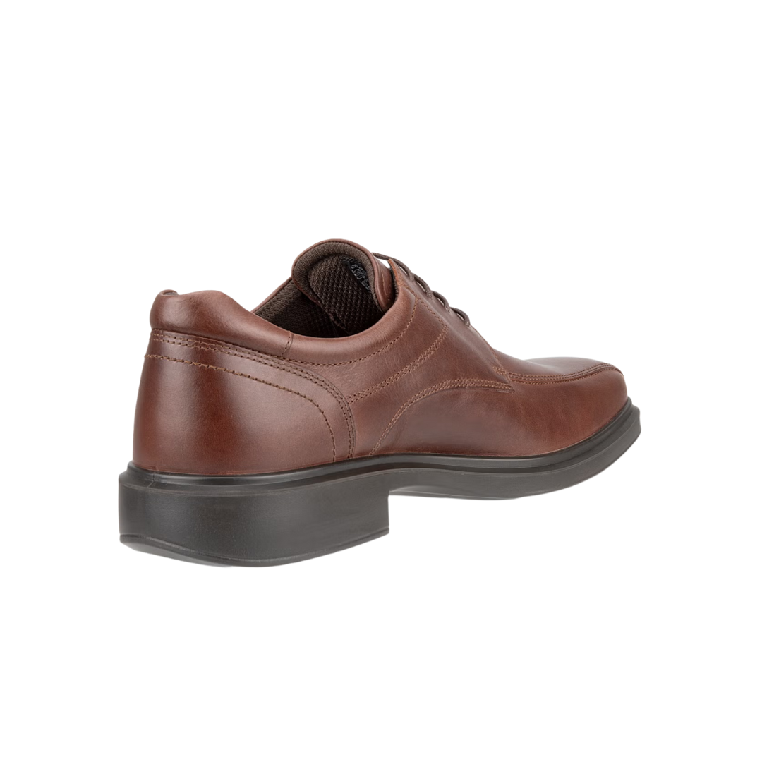 Back view of Men’s Ecco Helsinki Derby Bike Toe shoe in mink – featuring padded heel collar for rearfoot cushioning and support, molded heel counter for stability during movement, pull tab for easy on and off, and subtle branding details.