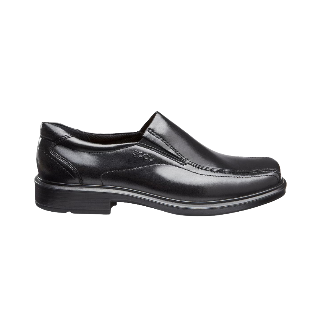 Side View of Men’s ECCO Helsinki Slip-On Dress Shoe in Black – featuring full-grain leather upper for classic style, padded collar for comfort, and elastic side panels for easy on and off.