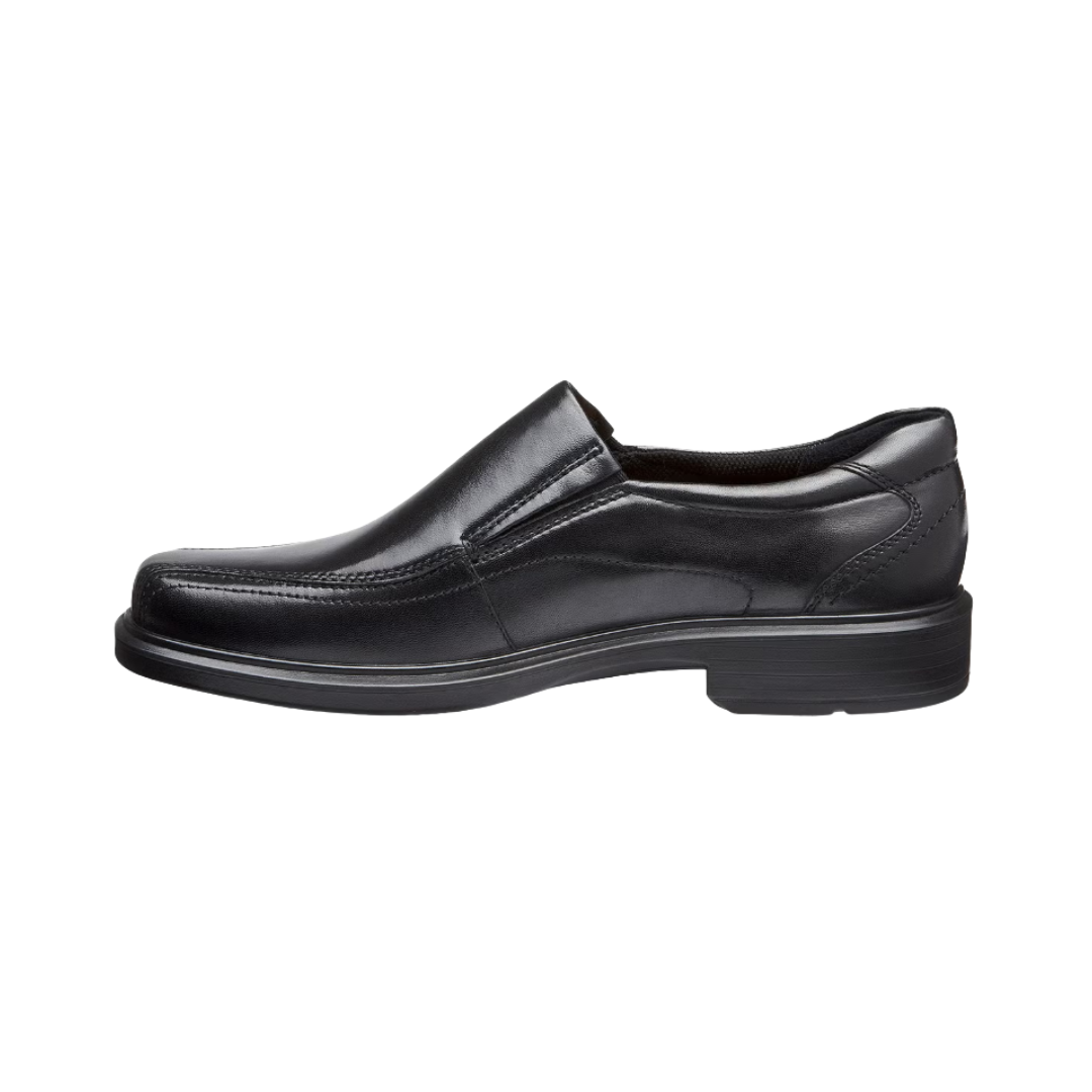 Side View of Men’s ECCO Helsinki Slip-On Dress Shoe in Black – featuring full-grain leather upper for classic style, padded collar for comfort, and elastic side panels for easy on and off.