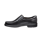 Side View of Men’s ECCO Helsinki Slip-On Dress Shoe in Black – featuring full-grain leather upper for classic style, padded collar for comfort, and elastic side panels for easy on and off.