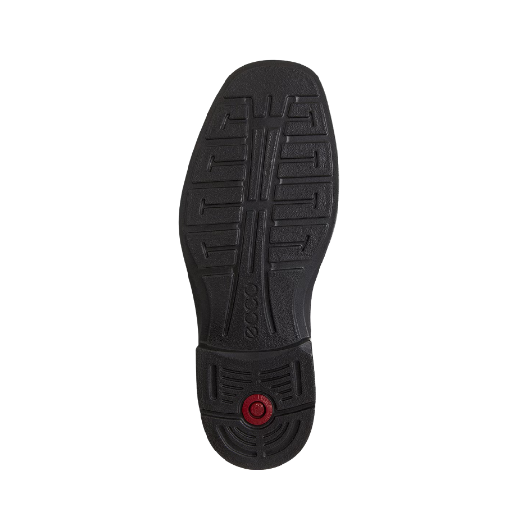 Bottom View of Men’s ECCO Helsinki Slip-On Dress Shoe in Black – featuring durable PU outsole with light tread pattern for traction, shock-absorbing heel for support, and flexible sole for natural motion.