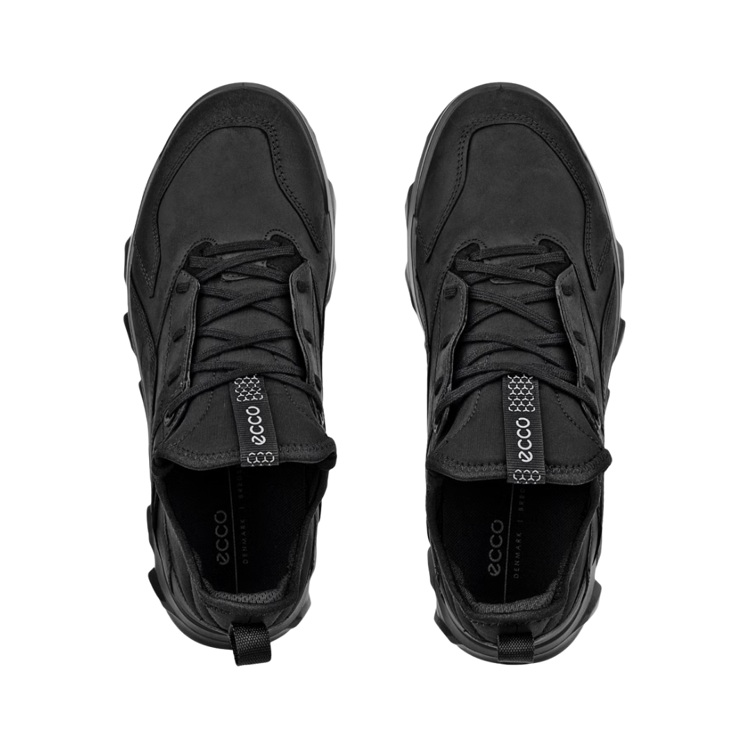 Top View of Men’s ECCO MX Low Shoe in Black – featuring mesh and synthetic overlays for structure and airflow, padded tongue and collar for comfort, and traditional lace-up closure for a secure fit.