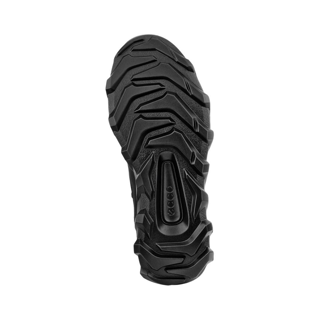 Bottom View of Men’s ECCO MX Low Shoe in Black – featuring rugged rubber outsole with multidirectional lugs for traction, aggressive tread pattern for trail readiness, and flexible zones for natural movement.