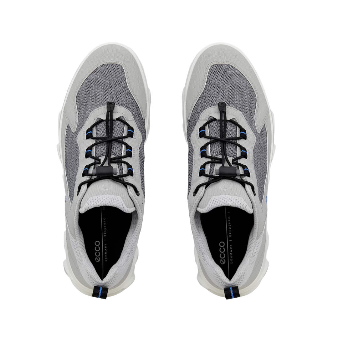 Top View of Men’s ECCO MX Low Shoe in Concrete/Silver Grey – featuring airy mesh upper for ventilation, padded collar and tongue for comfort, and traditional lace-up system for a secure fit.