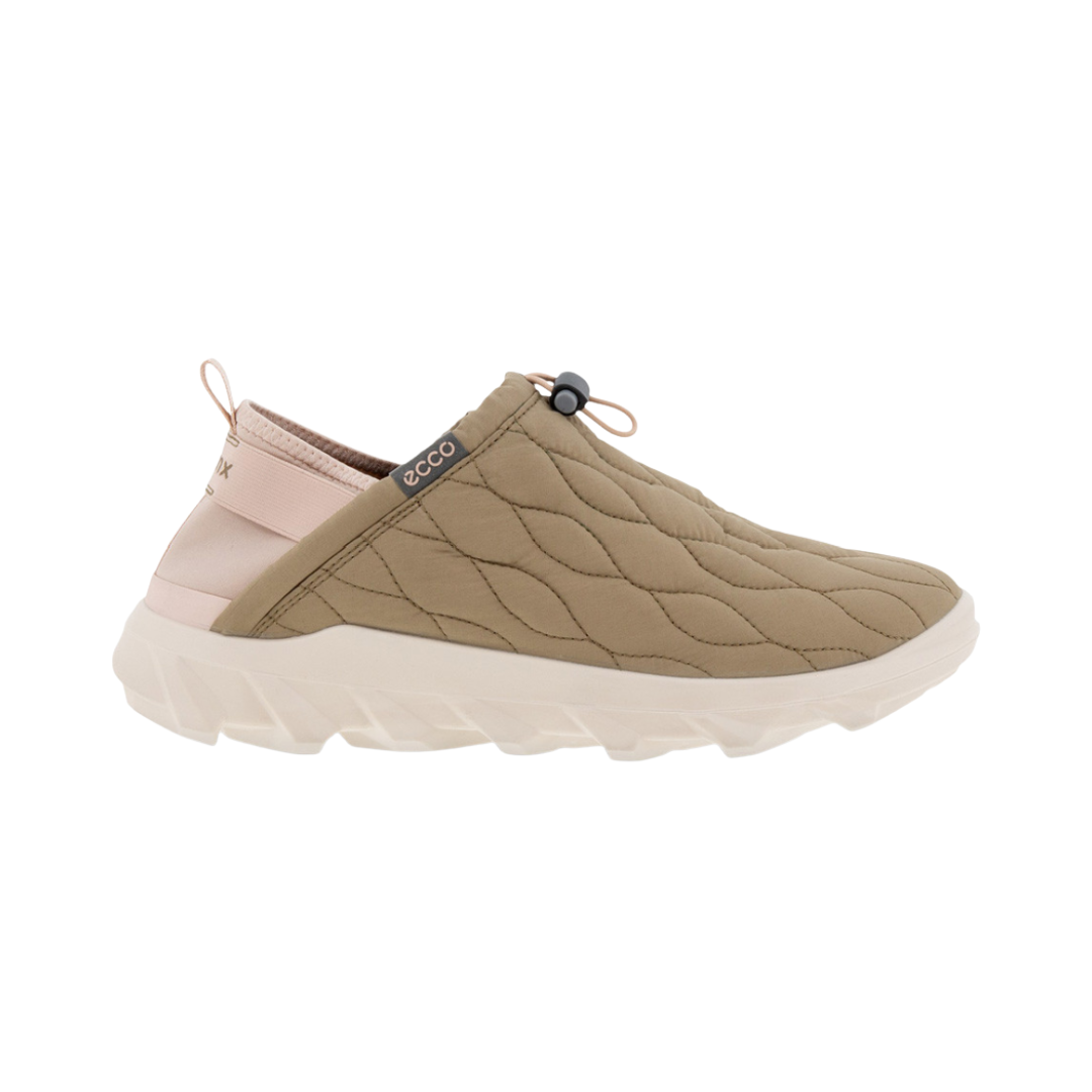Side View of Women’s ECCO MX Q-Slip Shoe in Nutmeg Brown – featuring sporty slip-on design for easy wear, ECCO YAK leather upper for durability, and PU midsole with rugged tread for comfort and traction.