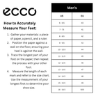 Men’s ECCO Shoe Size Chart – featuring detailed size measurements, international sizing conversions, and clear layout for easy shoe size reference.