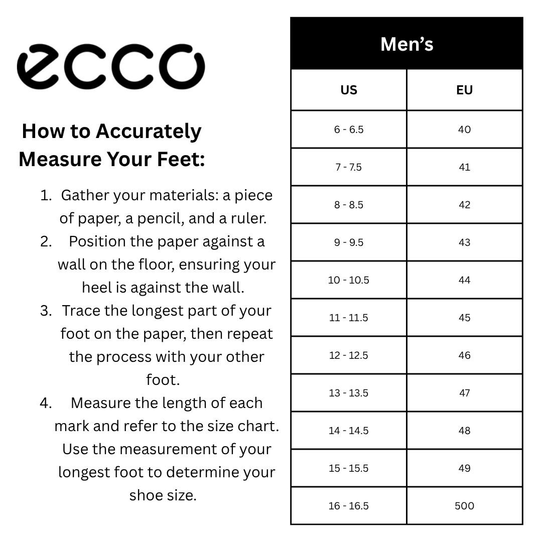 Men’s ECCO Shoe Size Chart – featuring detailed size measurements, international sizing conversions, and clear layout for easy shoe size reference.
