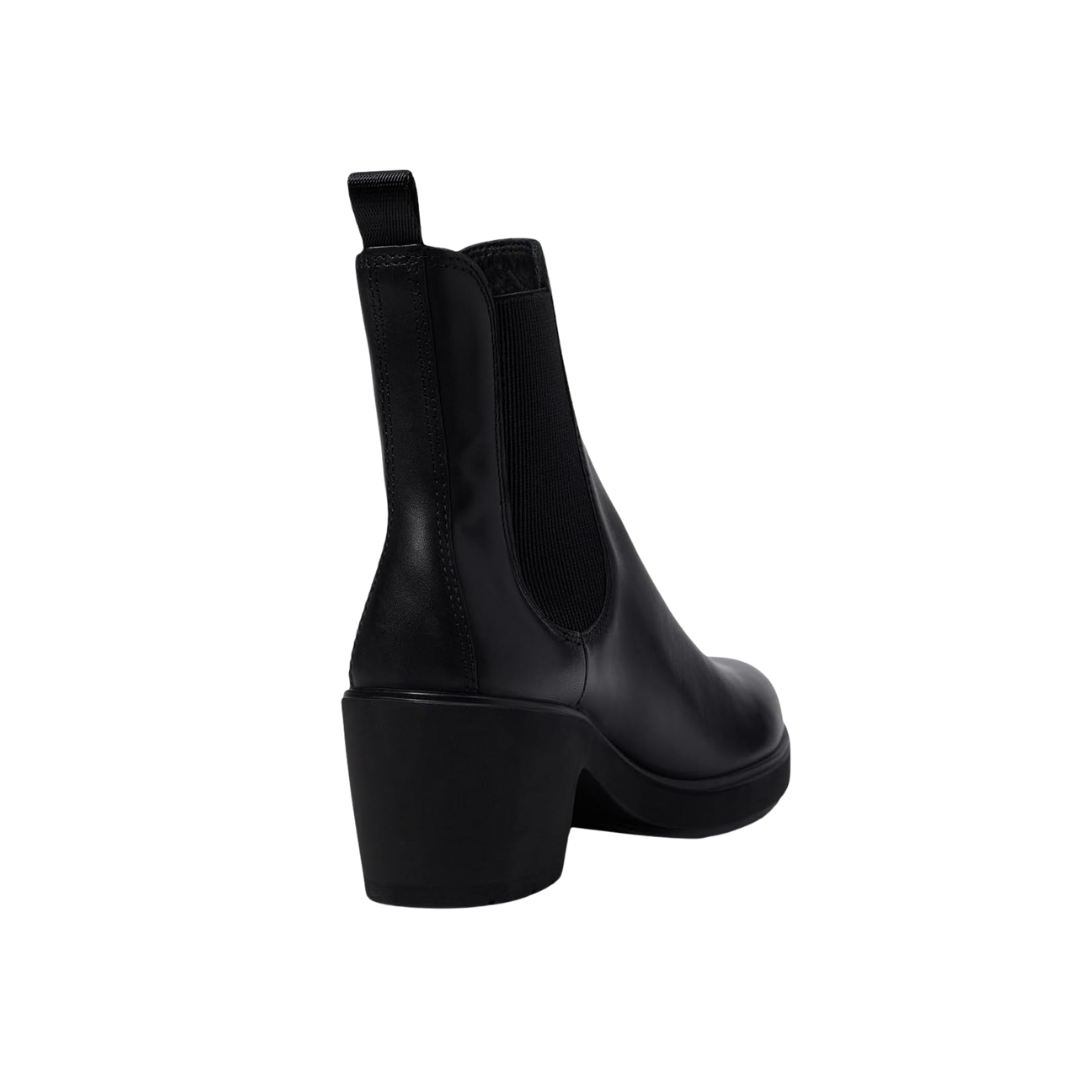 Back view of Women’s Ecco Metropole Zurich Chelsea boot in black – featuring padded heel collar for rearfoot cushioning, molded heel counter for stability during movement, pull tab for easy on and off, and subtle branding details.