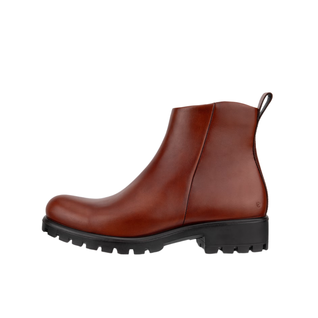Side view of Women’s Ecco Modtray ankle boot in cognac – featuring premium leather upper with smooth finish and elegant stitching details, cushioned footbed for all-day comfort, and sleek silhouette ideal for versatile wear.