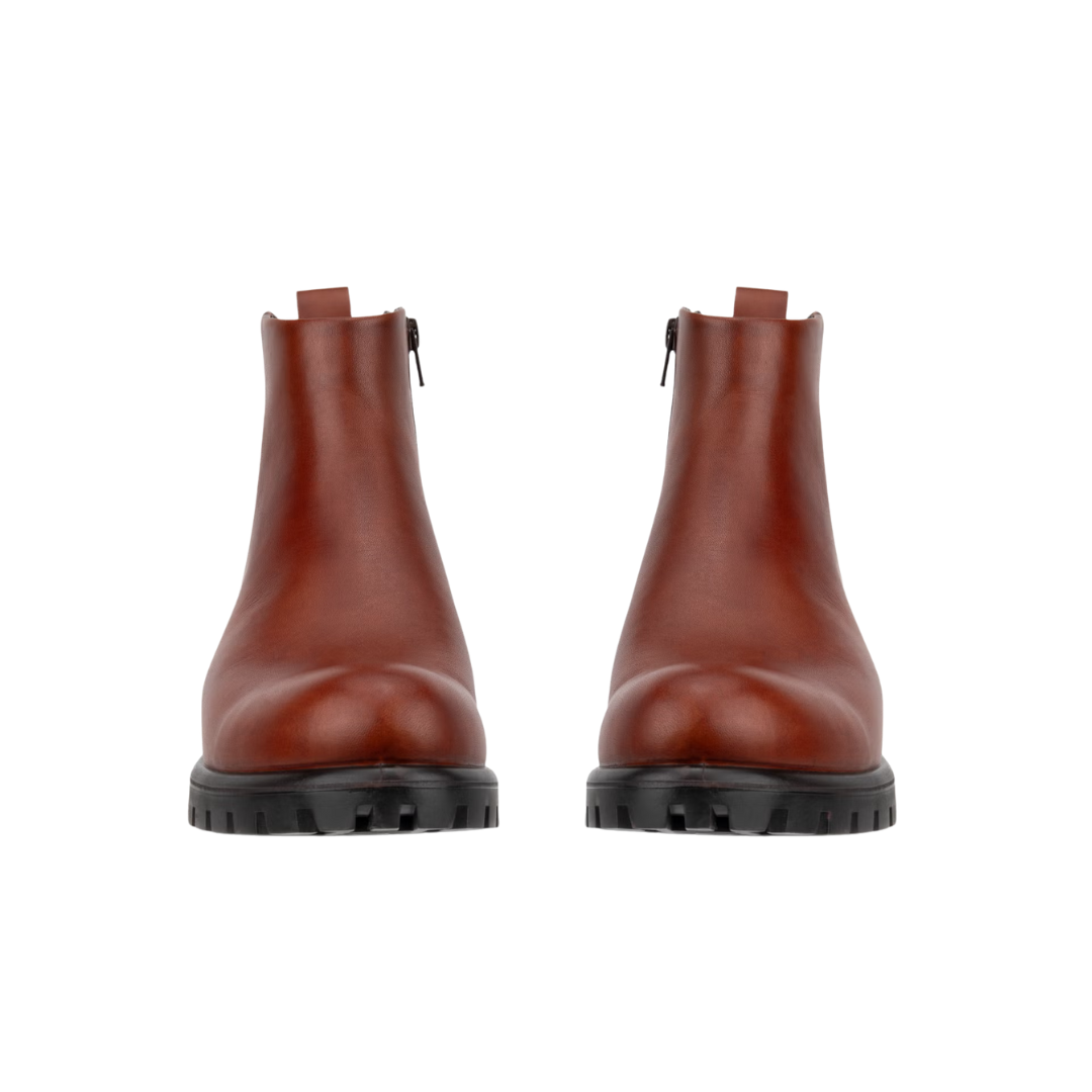 Front view of Women’s Ecco Modtray ankle boot in cognac – featuring rounded toe with smooth leather finish, subtle stitching accents, and clean design for versatile styling.