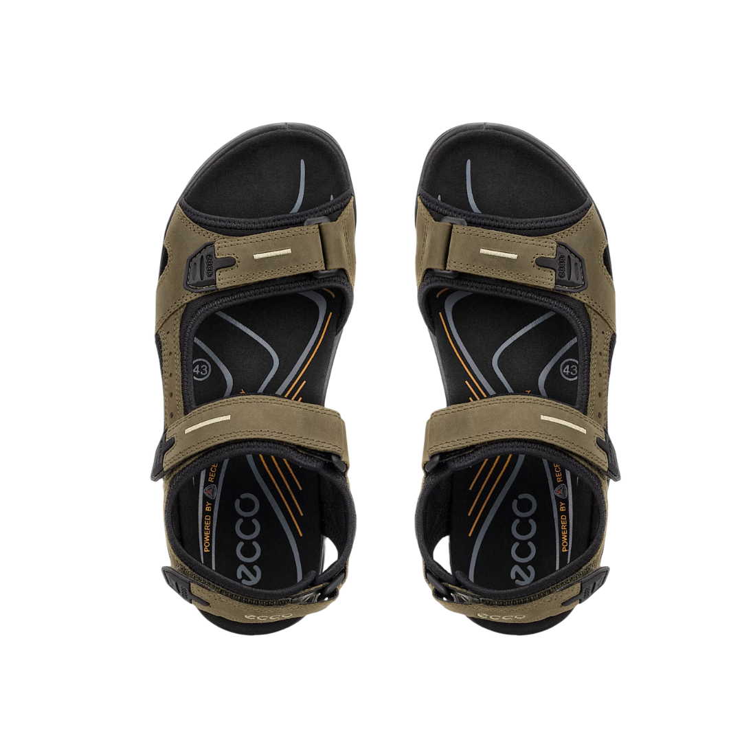 Top view of Men’s Ecco Offroad Lite sandal in dark clay – featuring padded footbed with anatomical arch support to reduce foot fatigue, breathable open design for ventilation, and secure hook-and-loop strap closures for stability.