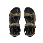Top view of Men’s Ecco Offroad Lite sandal in dark clay – featuring padded footbed with anatomical arch support to reduce foot fatigue, breathable open design for ventilation, and secure hook-and-loop strap closures for stability.