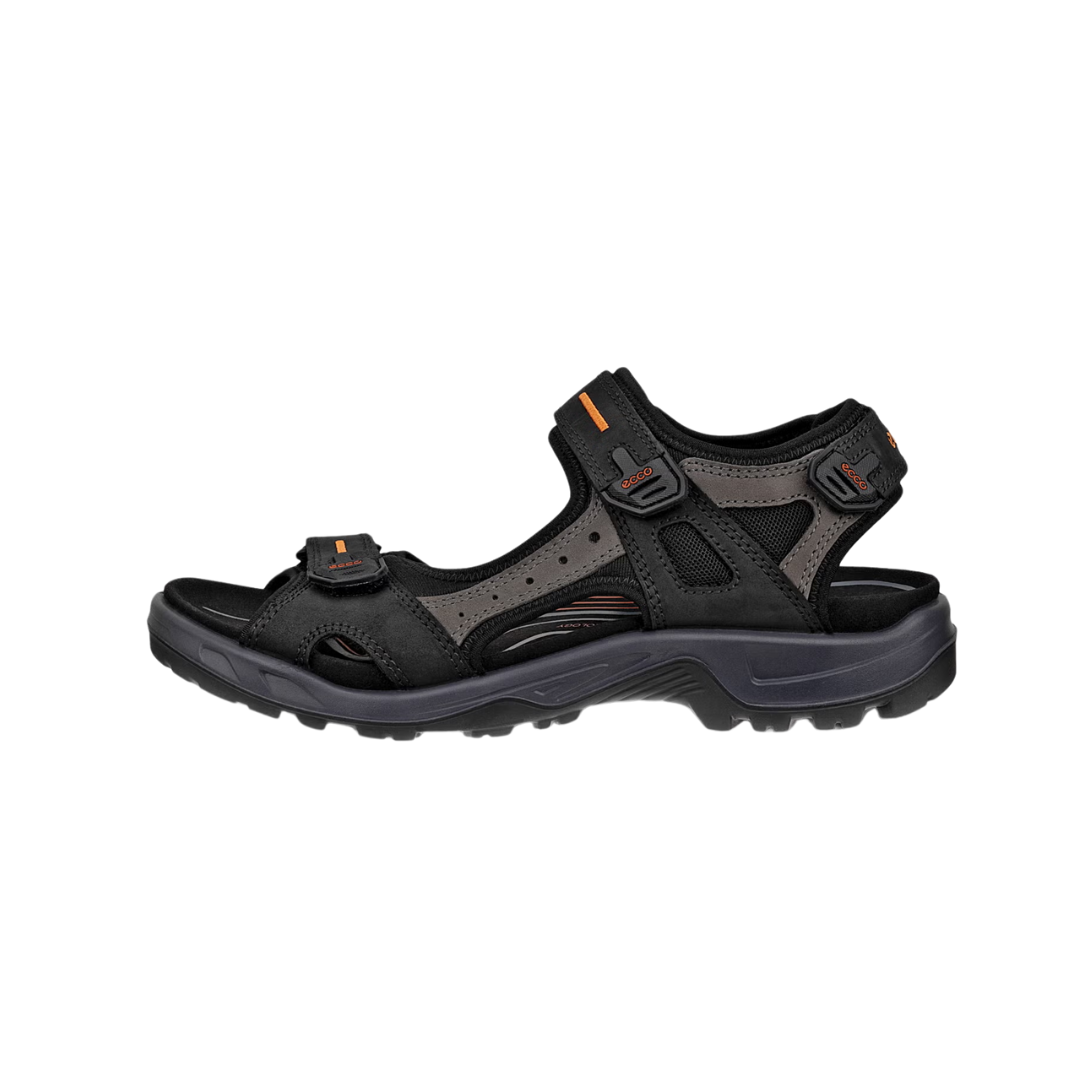Side view of Men’s Ecco Offroad Yucatan hiking sandal in tarmac and moon rock – featuring premium leather and textile upper for durability and breathability, adjustable straps for customizable fit, and cushioned footbed for all-day comfort.