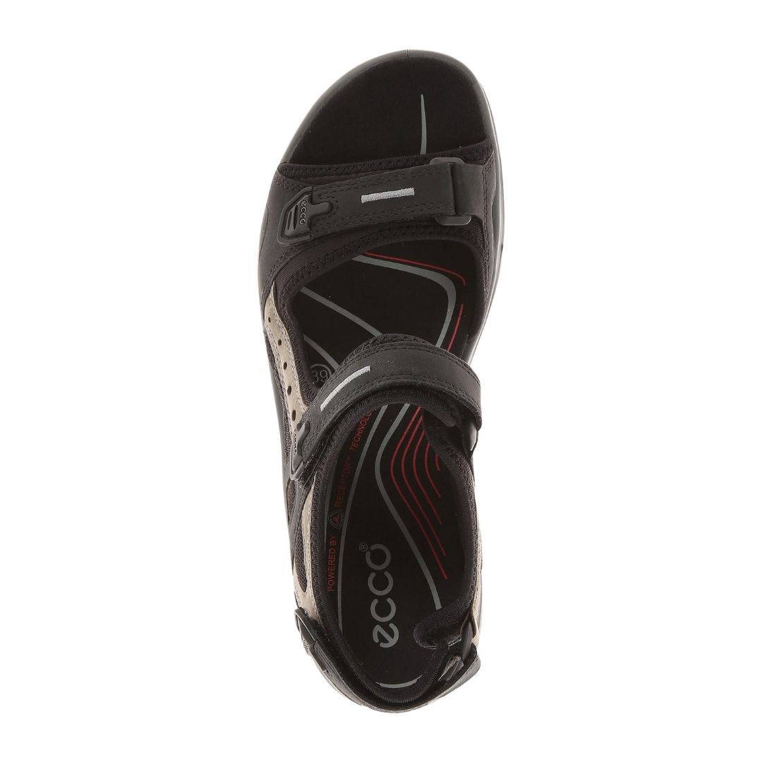 Top view of Women’s Ecco Offroad Yucatan hiking sandal in black and mole – featuring padded footbed with anatomical arch support to reduce foot fatigue, breathable design for ventilation, and secure hook-and-loop strap closures for stability.