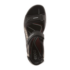 Top view of Women’s Ecco Offroad Yucatan hiking sandal in black and mole – featuring padded footbed with anatomical arch support to reduce foot fatigue, breathable design for ventilation, and secure hook-and-loop strap closures for stability.