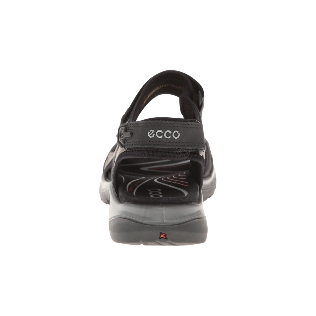 Back view of Women’s Ecco Offroad Yucatan hiking sandal in black and mole – featuring padded heel strap for rearfoot cushioning and support, flexible sole for ease of movement, and durable outsole for reliable traction.