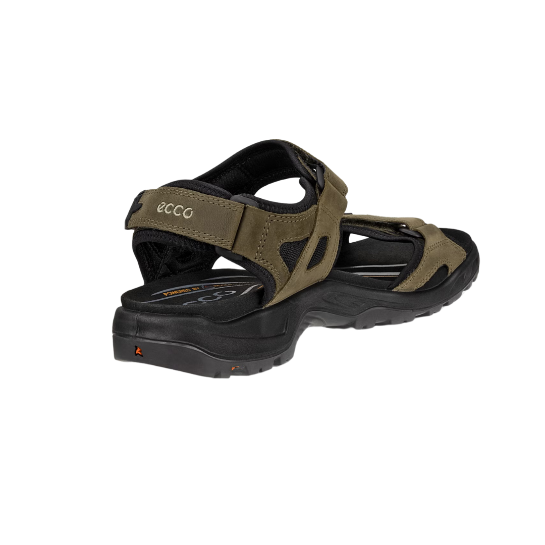 Angled view of Men’s Ecco Offroad Yucatan hiking sandal in tarmac and moon rock – featuring ergonomic footbed designed to support foot health, lightweight construction for easy movement, and reinforced toe bumper for added protection.