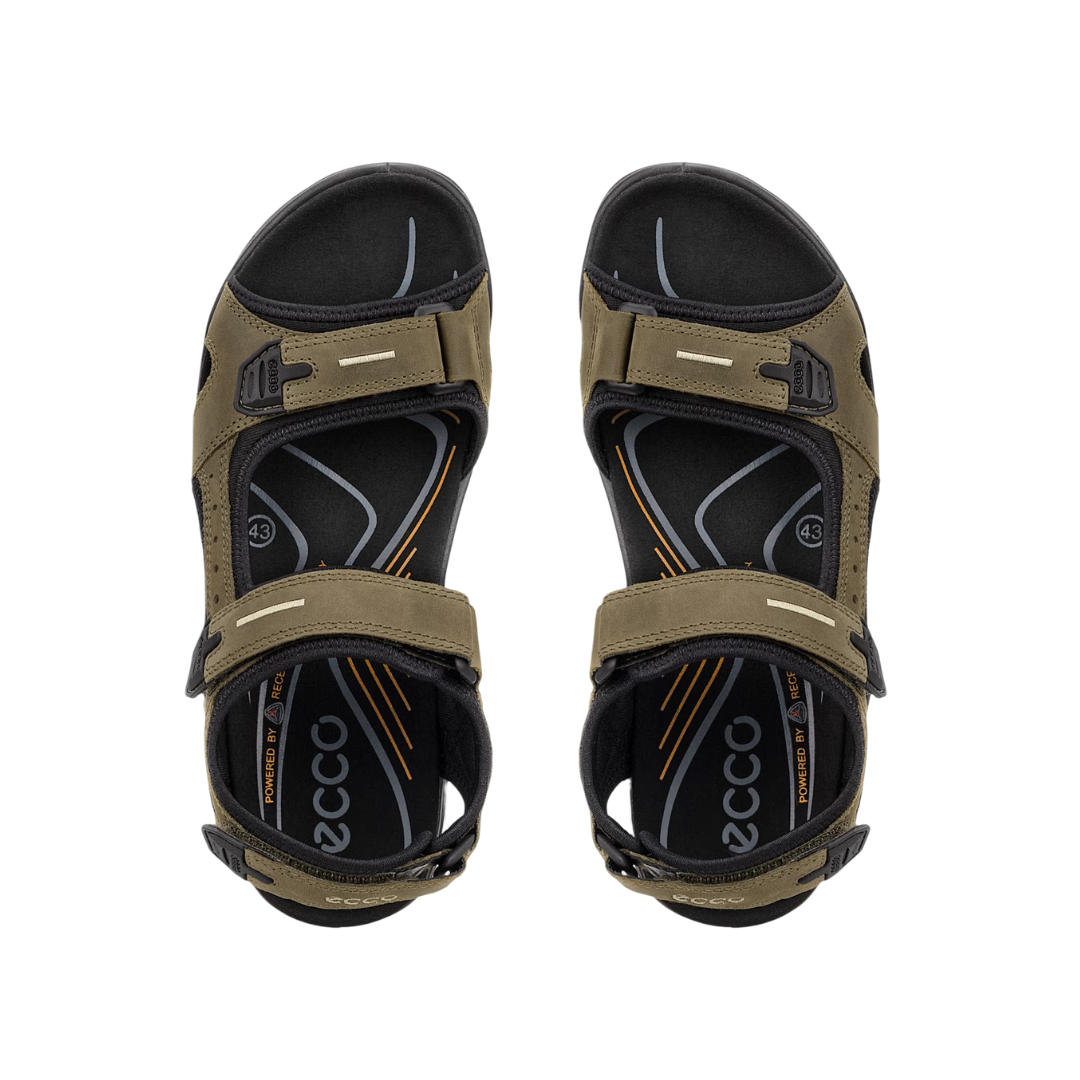 Top view of Men’s Ecco Offroad Yucatan hiking sandal in tarmac and moon rock – featuring padded footbed with anatomical arch support to reduce foot fatigue, breathable design for ventilation, and secure hook-and-loop strap closures for stability.