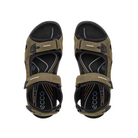 Top view of Men’s Ecco Offroad Yucatan hiking sandal in tarmac and moon rock – featuring padded footbed with anatomical arch support to reduce foot fatigue, breathable design for ventilation, and secure hook-and-loop strap closures for stability.