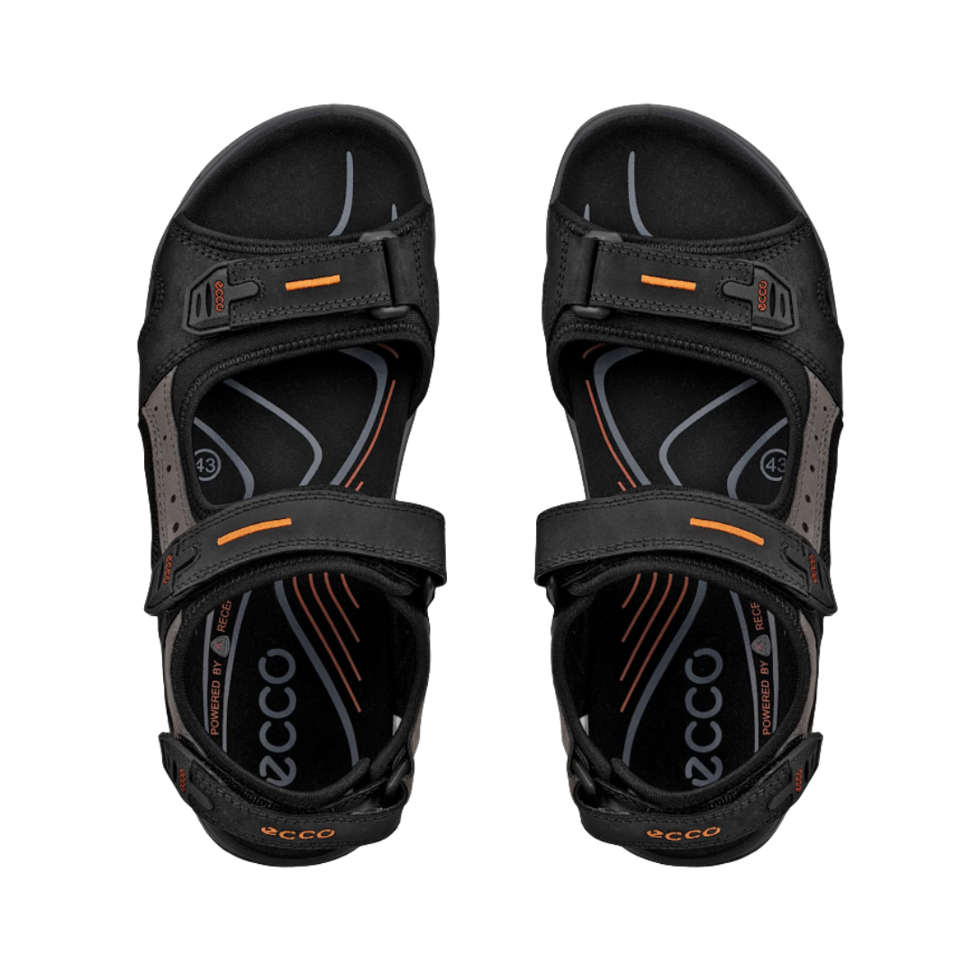 Top View of Men’s ECCO Offroad Yucatan Hiking Sandal in Black/Mole/Black – featuring triple hook-and-loop strap system, cushioned EVA footbed for comfort, and anatomical shaping for stability.