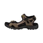 Side View of Men’s ECCO Offroad Yucatan Hiking Sandal in Tarmac/Moon Rock – featuring nubuck leather upper with padded neoprene lining, RECEPTOR® technology for enhanced stability, and adjustable hook-and-loop straps for a customized fit.