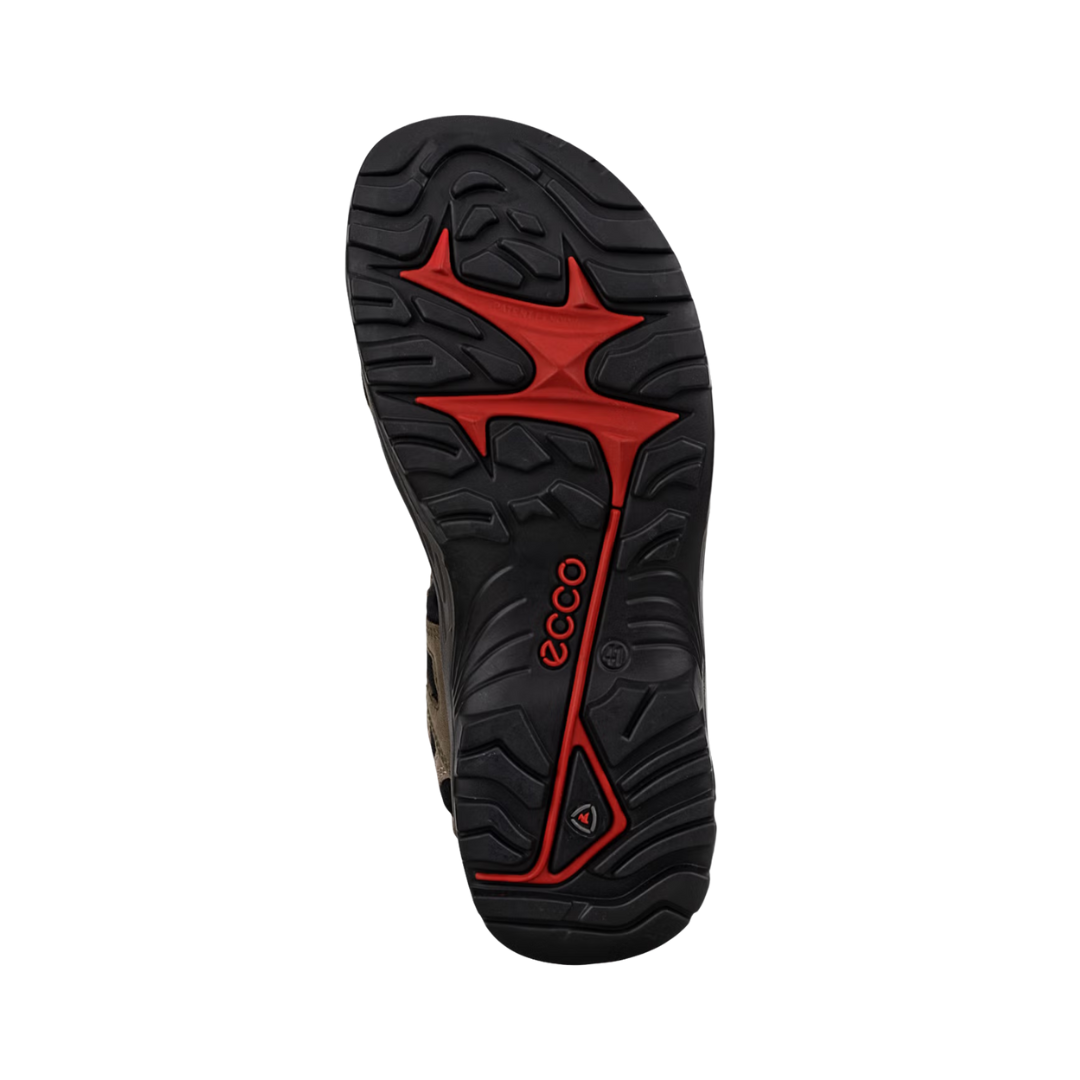 Bottom View of Men’s ECCO Offroad Yucatan Hiking Sandal in Tarmac/Moon Rock – featuring durable rubber outsole with rugged tread for trail traction, flex grooves for natural foot movement, and long-lasting construction for outdoor use.