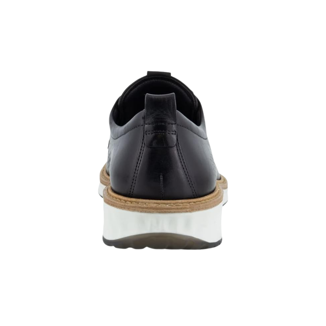 Back view of Men’s Ecco ST.1 Hybrid Derby shoe in black – featuring padded heel collar for rearfoot cushioning and support, molded heel counter for stability during movement, pull tab for easy on and off, and subtle branding details.