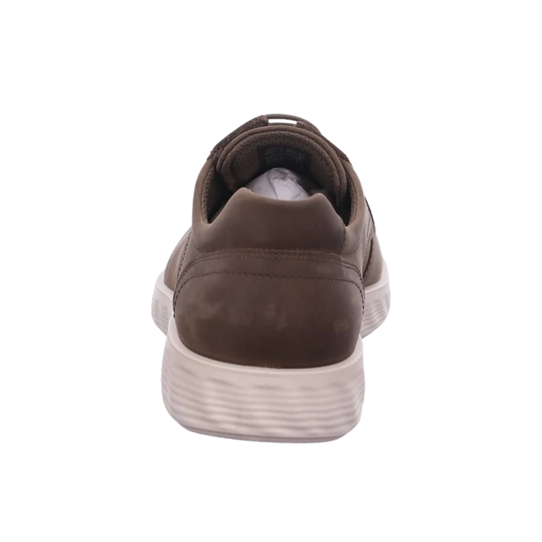 Back view of Men’s Ecco S-Lite Hybrid Derby shoe in coffee – featuring padded heel collar for rearfoot cushioning and support, molded heel counter for stability during movement, pull tab for easy on and off, and subtle branding details.