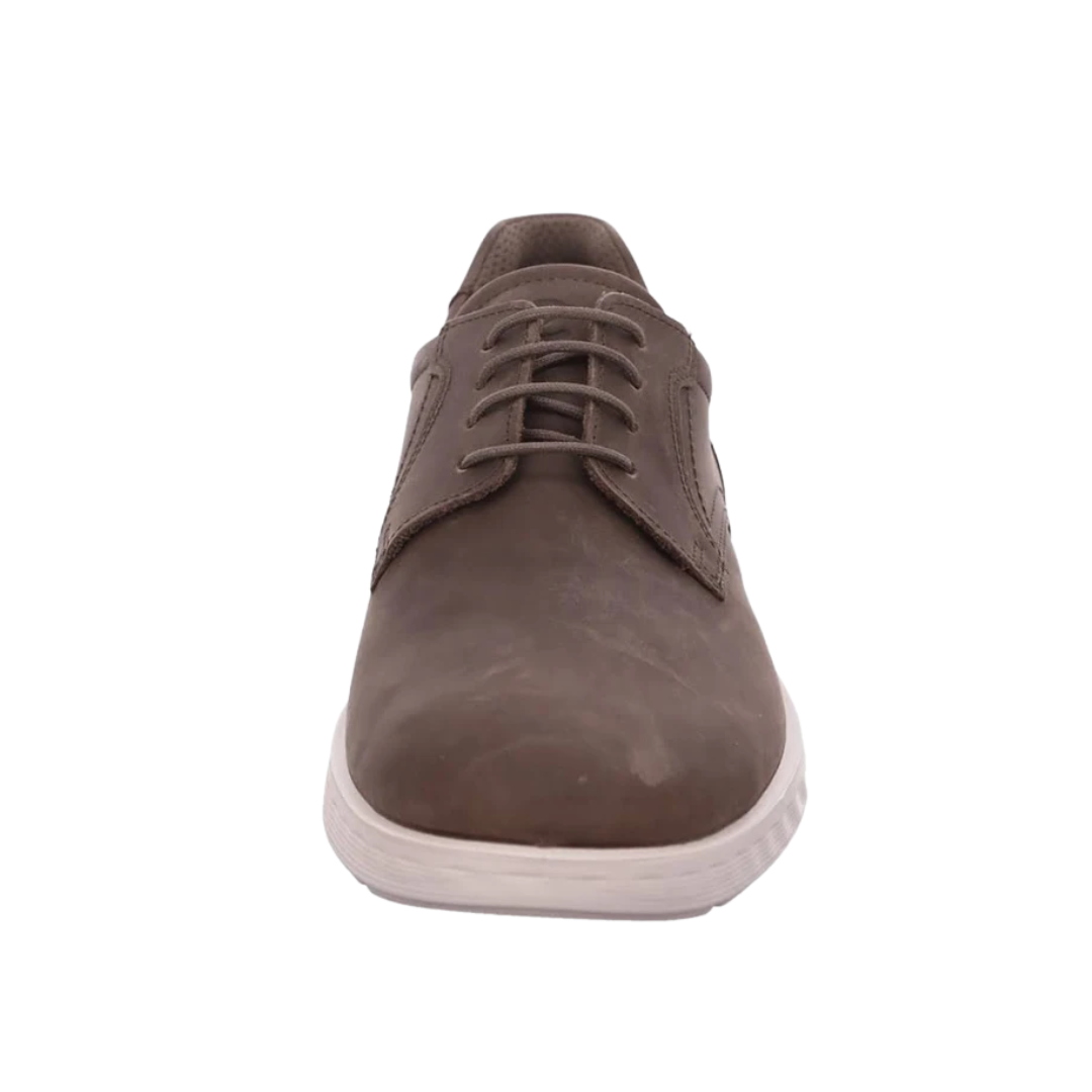 Front view of Men’s Ecco S-Lite Hybrid Derby shoe in coffee – featuring classic derby toe design with smooth leather finish, reinforced stitching for durability, and structured lacing system for a snug fit.