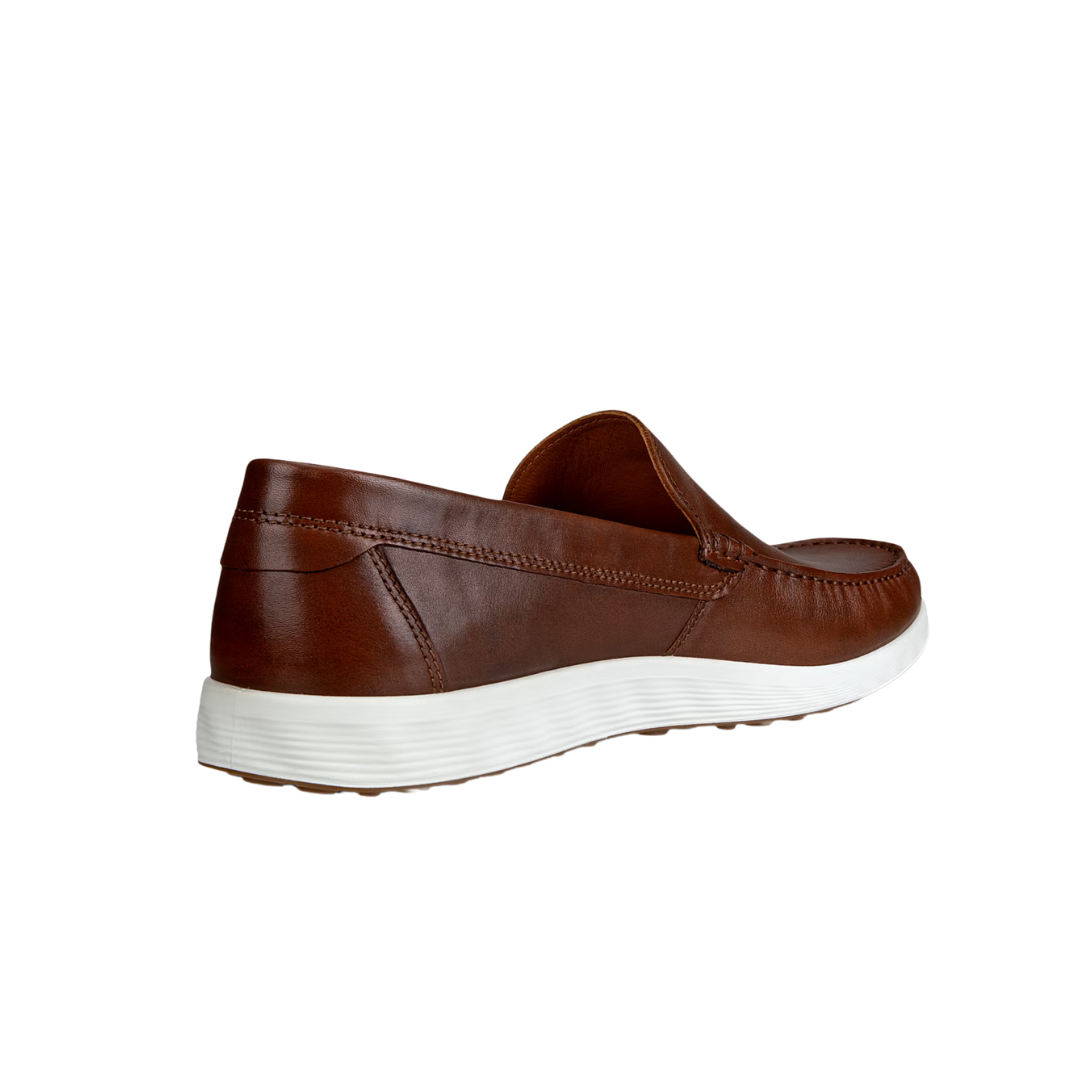 Back view of Men’s Ecco S-Lite moccasin in cognac – featuring padded heel collar for rearfoot cushioning, flexible sole for ease of movement, and subtle branding details.