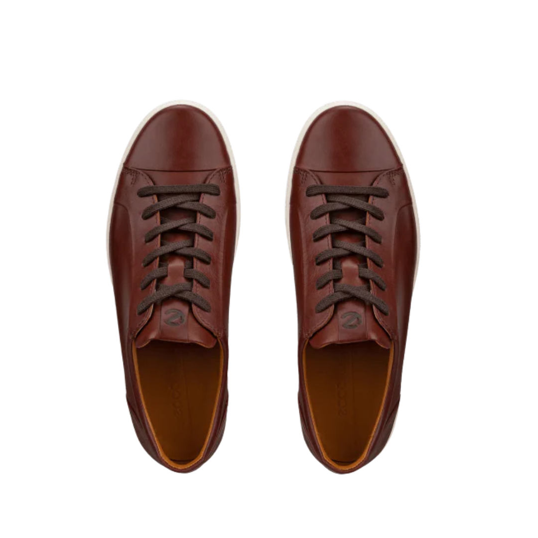 Top view of Men’s Ecco Soft 7 City sneaker in cognac – featuring padded collar and tongue for added comfort, breathable lining to keep feet dry, and traditional lace-up closure for secure fit.
