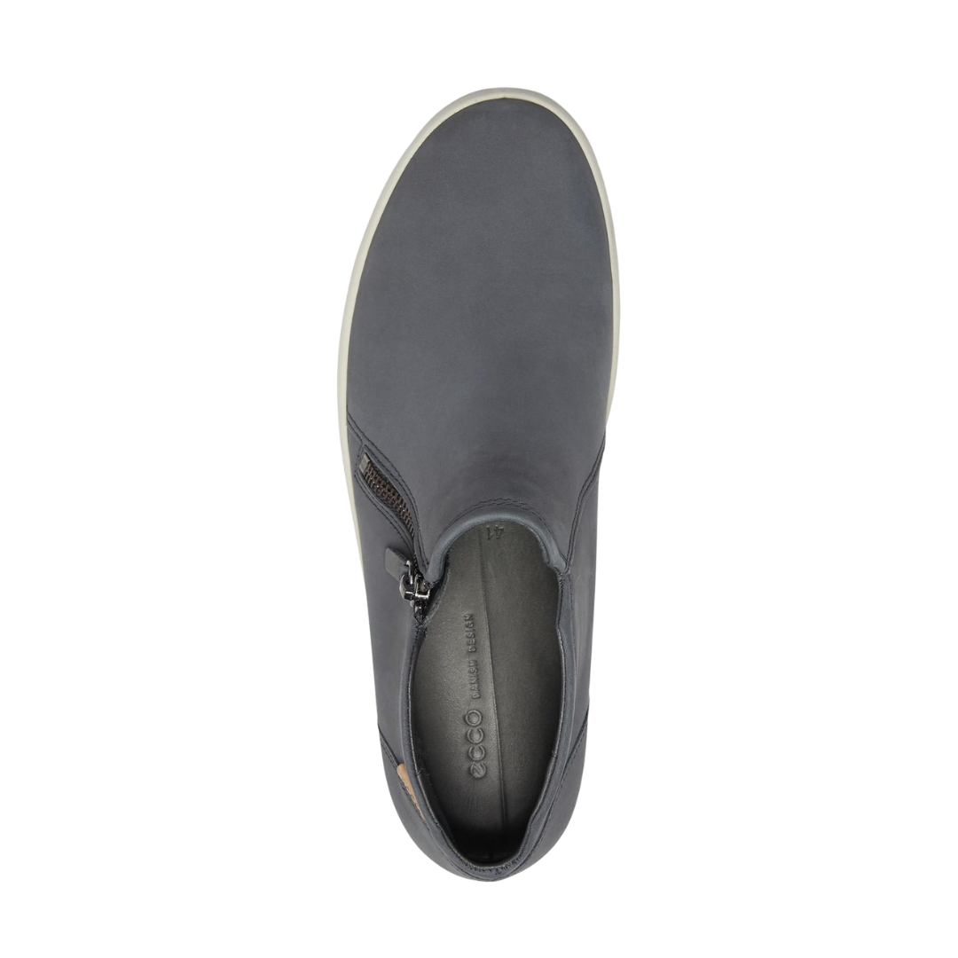 Top view of Women’s Ecco Soft 7 Low Bootie in dark shadow and diffuse – featuring padded collar for ankle comfort, breathable lining to keep feet dry, and secure lace-up closure for a snug fit.