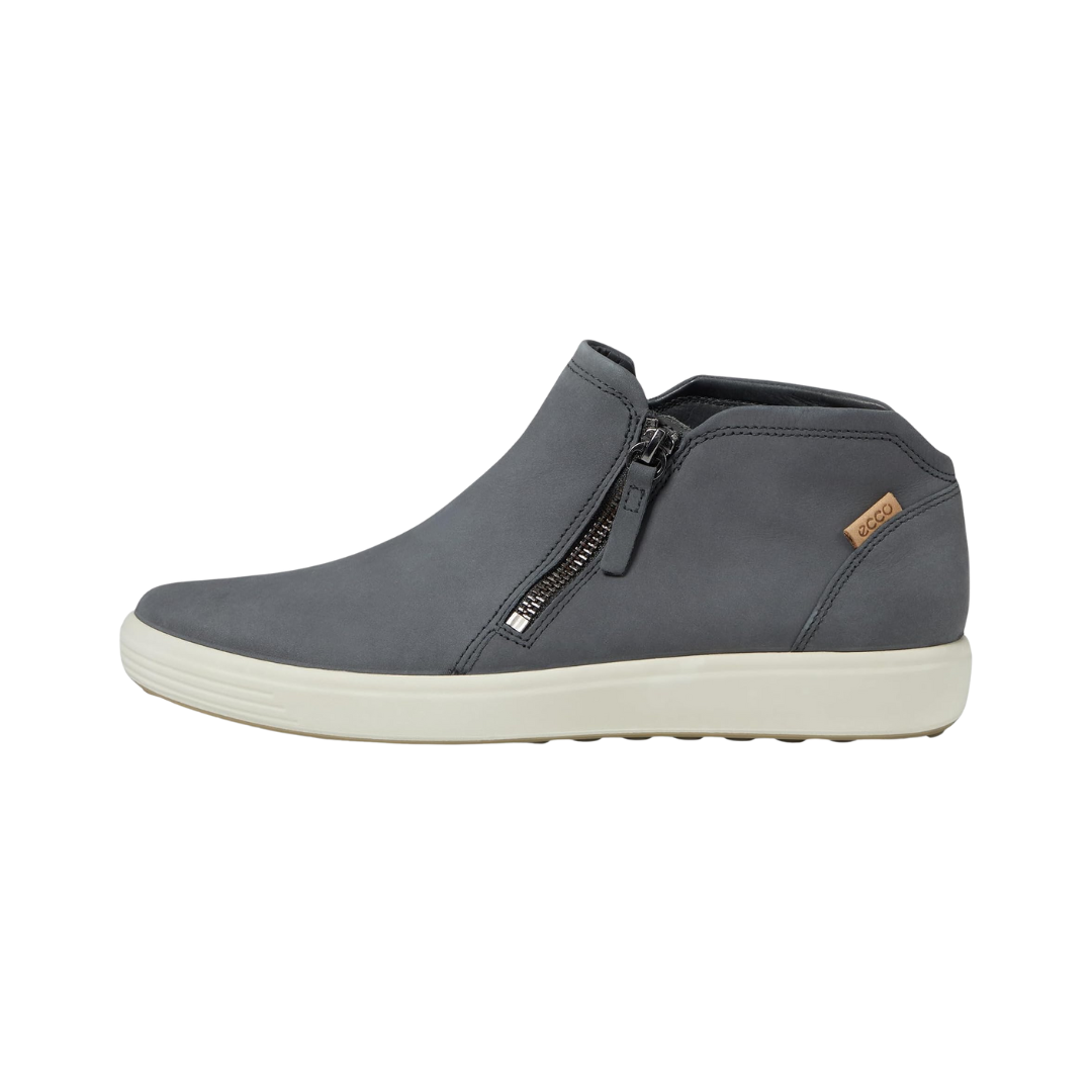 Side view of Women’s Ecco Soft 7 Low Bootie in dark shadow and diffuse – featuring premium soft leather upper with smooth finish, cushioned footbed for all-day comfort, and sleek silhouette perfect for versatile wear.