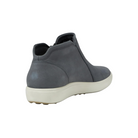 Back view of Women’s Ecco Soft 7 Low Bootie in dark shadow and diffuse – featuring padded heel collar for rearfoot cushioning, molded heel counter for stability during movement, pull tab for easy on and off, and subtle branding details.