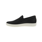 Side view of Women’s Ecco Soft 7 Slip-On in black/powder – featuring premium soft leather upper for durability and flexibility, cushioned footbed for all-day comfort, and lightweight sole for natural movement.
