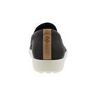 Back view of Women’s Ecco Soft 7 Slip-On in black/powder – featuring padded heel collar for rearfoot cushioning and support, flexible sole for ease of movement, pull tab for easy on and off, and subtle branding details.
