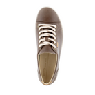 Top view of Women’s Ecco Soft 7 sneaker in taupe – featuring padded collar and tongue for added comfort, breathable lining to keep feet dry, and traditional lace-up closure for secure fit.