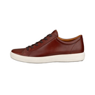 Side View of Men’s ECCO Soft 7 Sneaker in Cognac – featuring smooth full-grain leather upper for premium everyday style, FLUIDFORM™ sole construction for lightweight cushioning, and classic low-top profile for casual versatility.