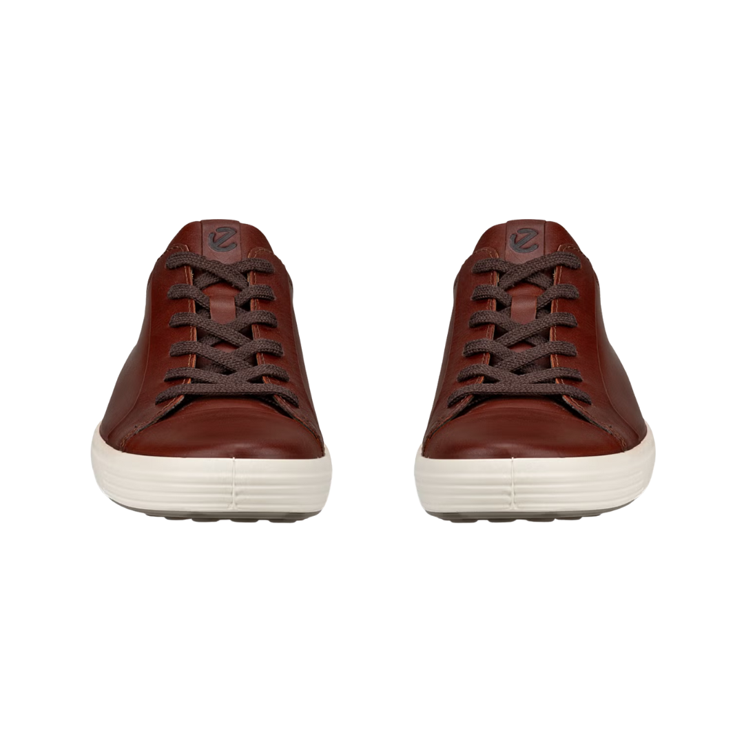 Front View of Men’s ECCO Soft 7 Sneaker in Cognac – featuring rounded toe for comfort, smooth vamp for a polished look, and tonal lace system for cohesive styling.