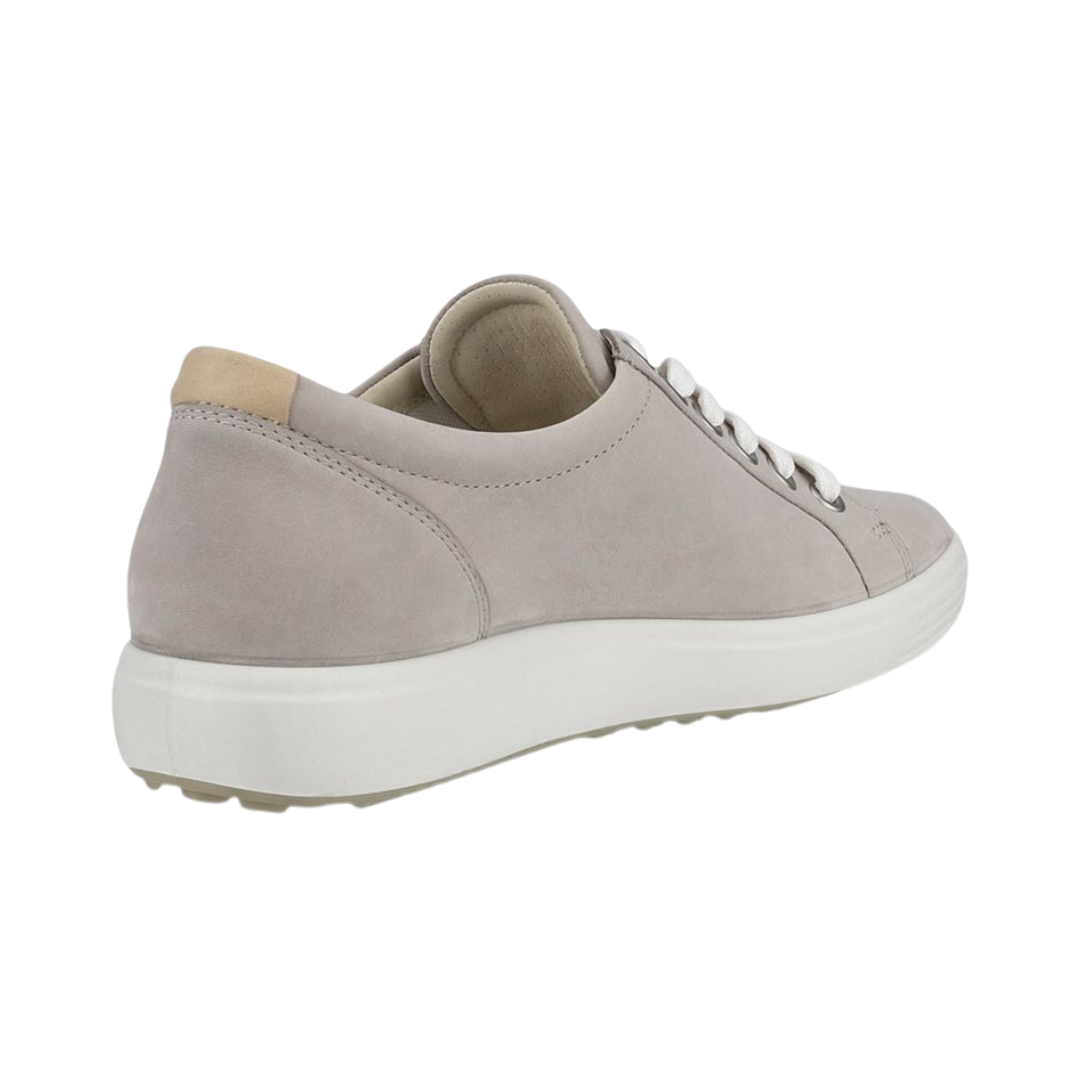 Angled View of Women’s ECCO Soft 7 Sneaker in Grey Rose – featuring minimalist low-top silhouette, soft muted tone for versatile styling, and lightweight design for everyday wear.